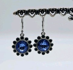 Monet Dangle Flower Earrings Blue Rhinestone Silver Tone Leverback 1.25 in