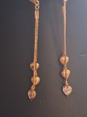 Puffy hearts & crystal bezel-set heart tassel earrings, multi chain, cascading