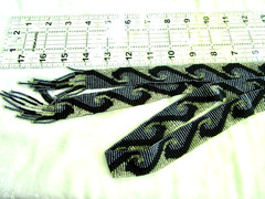 vintage 56-inch necklace or belt, beaded in blue, white, black wave pattern