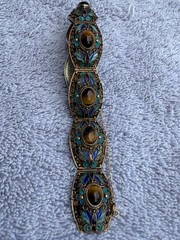 Chinese Export Silver Gilt Filigr Bracelet with Enamel and Tiger’s Eye Cabochons