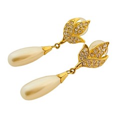 Vtg gold rhinestone pearl drop earrings designer runway