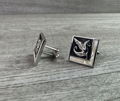 Vintage SWANK Cufflinks Square Silver Tone Black Dragon