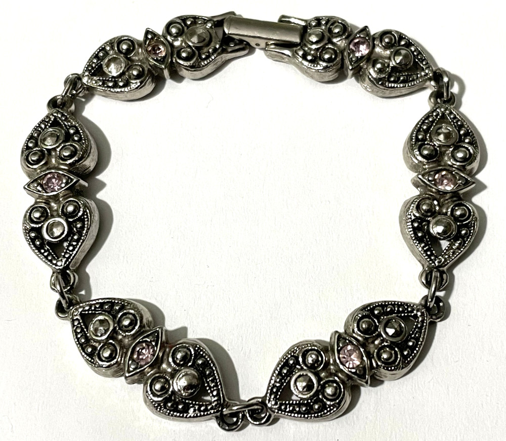 Vintage Silver Tone Avon Bracelet with Hearts and Pink Rhinestones 6.75 in.