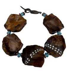 Vtg Petrified Wood Slab Panel Blue Crystal Bracelet Sterling Silver Leaf Clasp