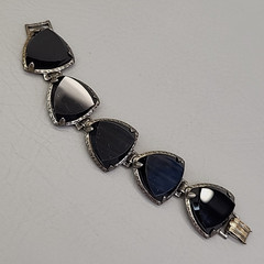 Vintage Bracelet Black Onyx Stone Linked Faceted Chunky Panel Silver Tone 7″