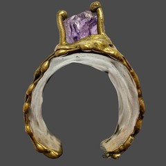 Vtg Brazilian Ernandes Brutalist Brass Ring w/ Raw Amethyst Adjustable 8 – 11