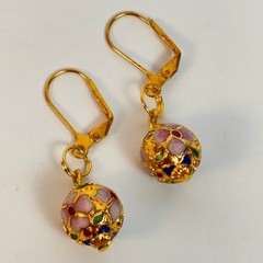 Vintage Cloisonne Dangle Earrings Gold Floral Enamel Glass Bead Boho Chic