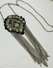 Vintage Artisan Pale Yellow Crystal Rhinestone Pendant Necklace Chain Fringe