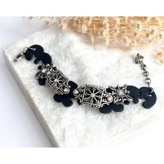 Faux Black Leather Boho Gemstone Silver T Adjustable Vintage Bracelet – 7″ – 9″