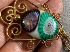 VTG green purple Suffragette art glass pendant figaro Pot metal Opera necklace