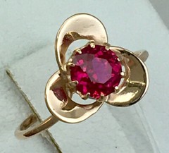 Three Leaf Clover Flower Antique Ring 1.7 Ct Simulated Ruby 14k Yellow Gold Over