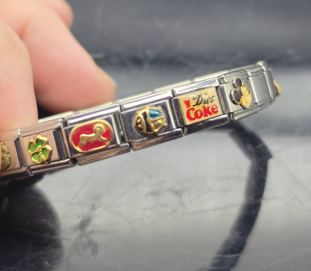 Silver Tone Italian Mix Charm Zoppini Stretch Bracelet 17 Links Sponge Bob Coke