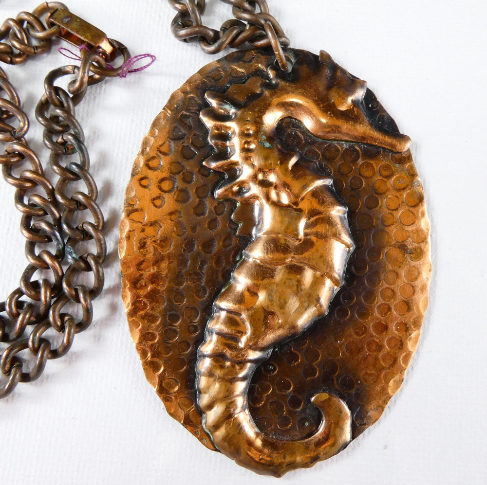 Vintage Genuine Copper Seahorse Pendant Chain Necklace Large 2.75″