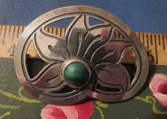 VINTAGE SIGNED STAMAS STERLING SILVER & MALICITE BROOCH PIN 1 3/4 X 1 1/4