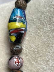 Vintage Multicolor Glass Large Bead Necklace Copper Green Jasper Pendant * Read
