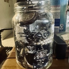 Huge Gothic Vintage Jewelry Jar Silver Tone Pearls Victorian Dark Romantic Mix