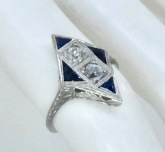 Antique Art Deco 1920’s Belais 18k Diamond & French Cut Blue Stone Ring
