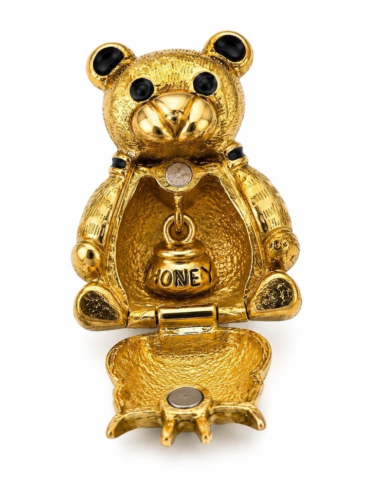 Vintage Teddy Bear Locket Necklace Gold Tone Rhinestone Hidden Honey Pot 34”