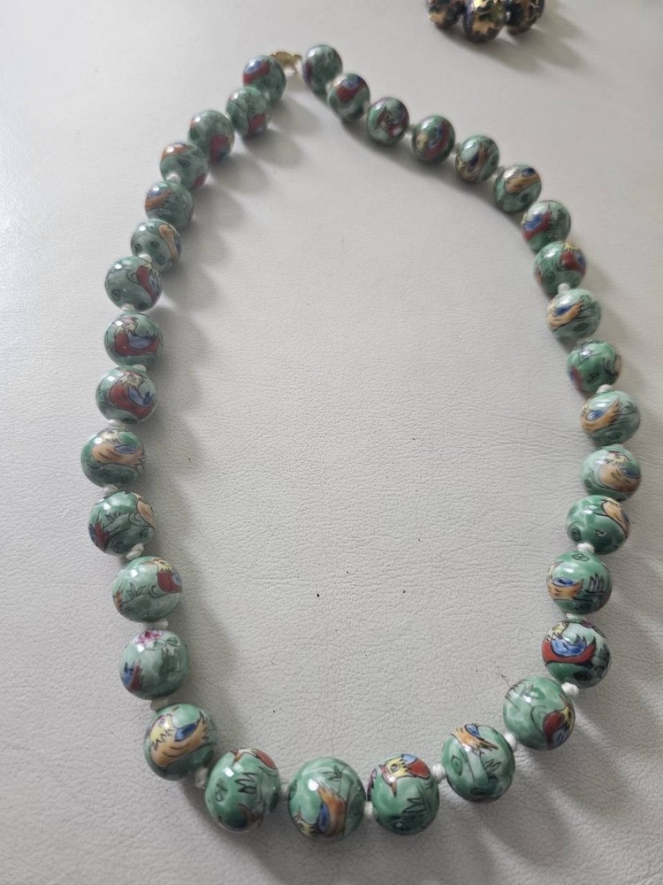 Vintage Chinese Hand Painted Porcelain Bird & Lotus Bead Necklace Silver Clasp