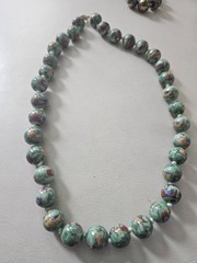 Vintage Chinese Hand Painted Porcelain Bird & Lotus Bead Necklace Silver Clasp