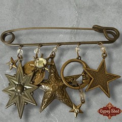 Vtg Celestial Dangle Charms Sun Moon Stars Crystal Glass Safety Pin Brooch Pin
