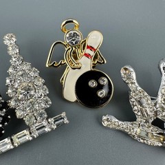 Vintage Rhinestone Brooch Lot Bowling Ball Pins Angel Holding Pin Some Signed