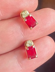 Vintage Gold Tone Red Emerald Cut Rhinestone Stud Earrings Estate Jewelry