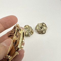 Vintage Emmons Faux Pearl Starburst Goldtone Brooch & Earrings Set Maltese Read