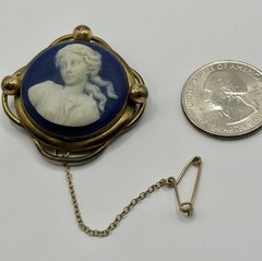 Antique Victorian Art Nouveau Wedgwood Blue Jasperware Lady Brooch Safety Chain