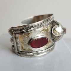 Vintage Tribal Cuff Bracelet | Mixed-Silver 800-900 Content | Red Carnelian Acce