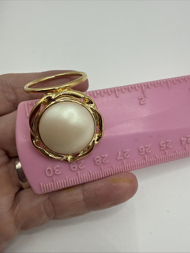 Vintage Faux Pearl Scarf Clip Gold Tone Ring 1”