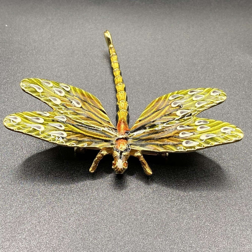 Vintage Erwin Pearl Enamel Dragonfly Brooch Gold Tone