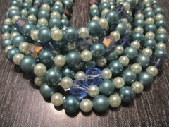 Vintage Glamor Blue Crystal Faux Teal Pearl Bead Chunky Multi Strand Necklace!