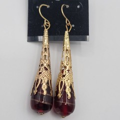 Vintage Red Glass Teardrop Earrings Gold Filigree Dangle Drop Victorian Style