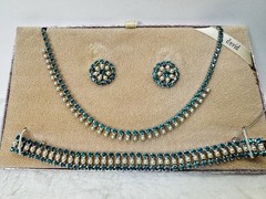 VTG B. David Faux-Emerald Rhinestone F Seed Pearl Necklace Earrings Bracelet SET