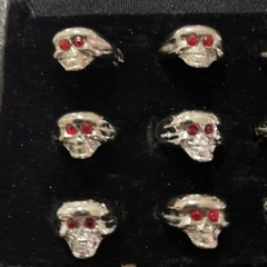 Lot Of 12 VTG NOS Silver Plate Skull Rings Red Eyes Assorted Sizes