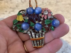 Vintage 1940’s CORO Enamel Rhinestone Blue Moonglow Flower Basket Brooch Pin