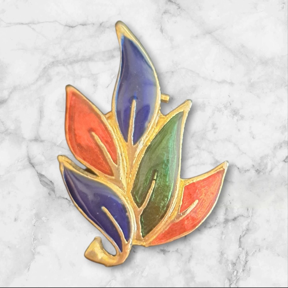 Vintage Gold Tone Leaf Brooch With Red Green And Blue Enamel