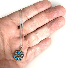 Vintage Zuni Native American Sterling Silver Flower Pendant Necklace 15″ Long