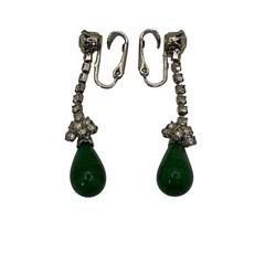 Vintage Signed Kramer Green Faux Jade Teardrop Necklace Earrings Set Rhinestones