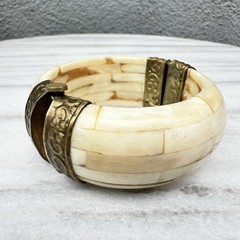 Vintage Bone Inlay Bangle Brass Hinge Bracelet Boho Statement Chunky Ethnic
