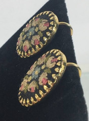 Vintage Gold Tone Earrings With Emboidered Flowers Clip-on Style Women’s Jewelry