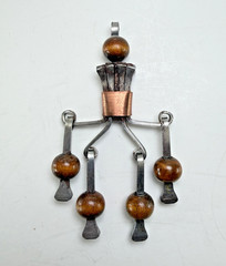 VTG MCM Modernist Brutalist Nail Art Pendant Copper Wrap Wood Beads 3.25″ Long