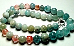 390.80ct 100% NATURAL ROUND AQUAMARINE,CHERRY QUARTZ 925 SILVER CLASP NECKLACE.