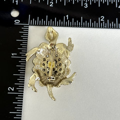 Vintage Pink Rhinestone Green Eyed Turtle Animal Gold Tone Brooch Pin