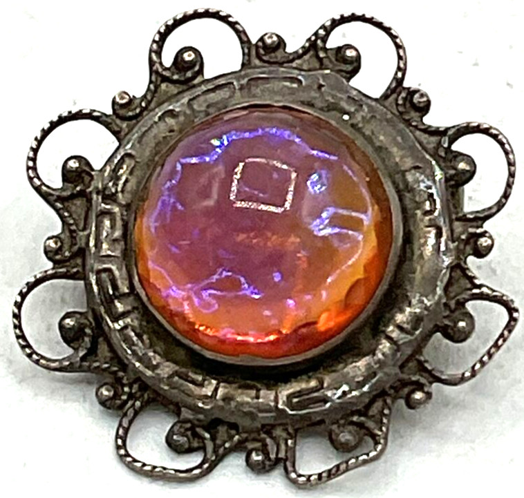 Vintage 7/8-inch Cobochon Filigree Brooch Pin Marked Sterling Silver Romantic