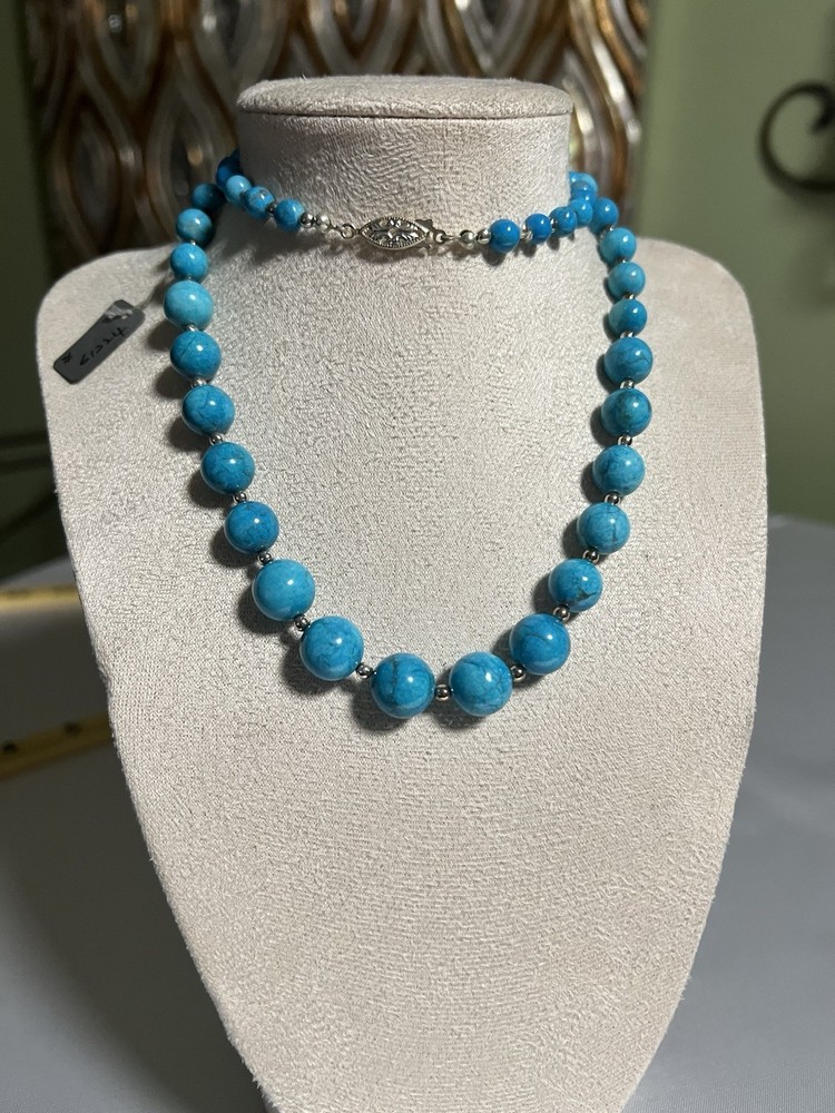 Vintage Jungle Turquoise Graduated Bead Necklace 24″ 58g ROC Clasp Artisan