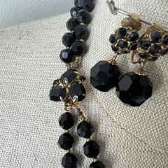 Vintage 2 Strand Jet Crystal Necklace & 2 Pairs Earrings – Rhinestone Clasp