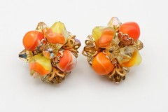 Vendome Art Glass 3-Strand Necklace Earrings Orange AB Crystal 17 Inches.