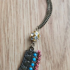 Boho Tribal Bib Fringe Statement Necklace Turquoise Beads Rhinestones Gold Tone